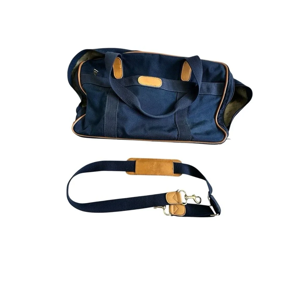 London Fog VTG Navy Canvas Weekender Duffle Bag Big Ben Logo Lining Leather Trim